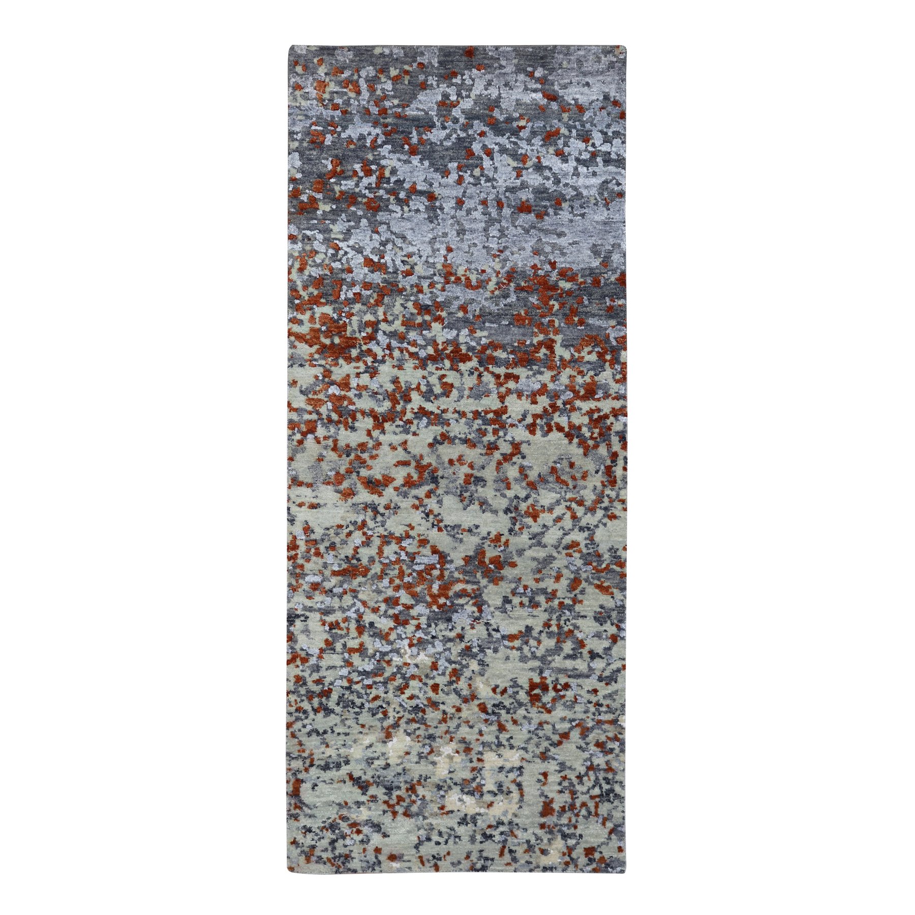 Bone White with Rust, Persian Knot, Abstract with Galaxy Design, 100% Wool, Hand Knotted, Densely Woven, Narrow Runner, Oriental Rug